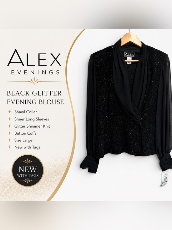 Alex Evenings Tops - Alex Evenings Black Glitter Knit Blouse Sheer Sleeve Shawl Collar Top Size Large